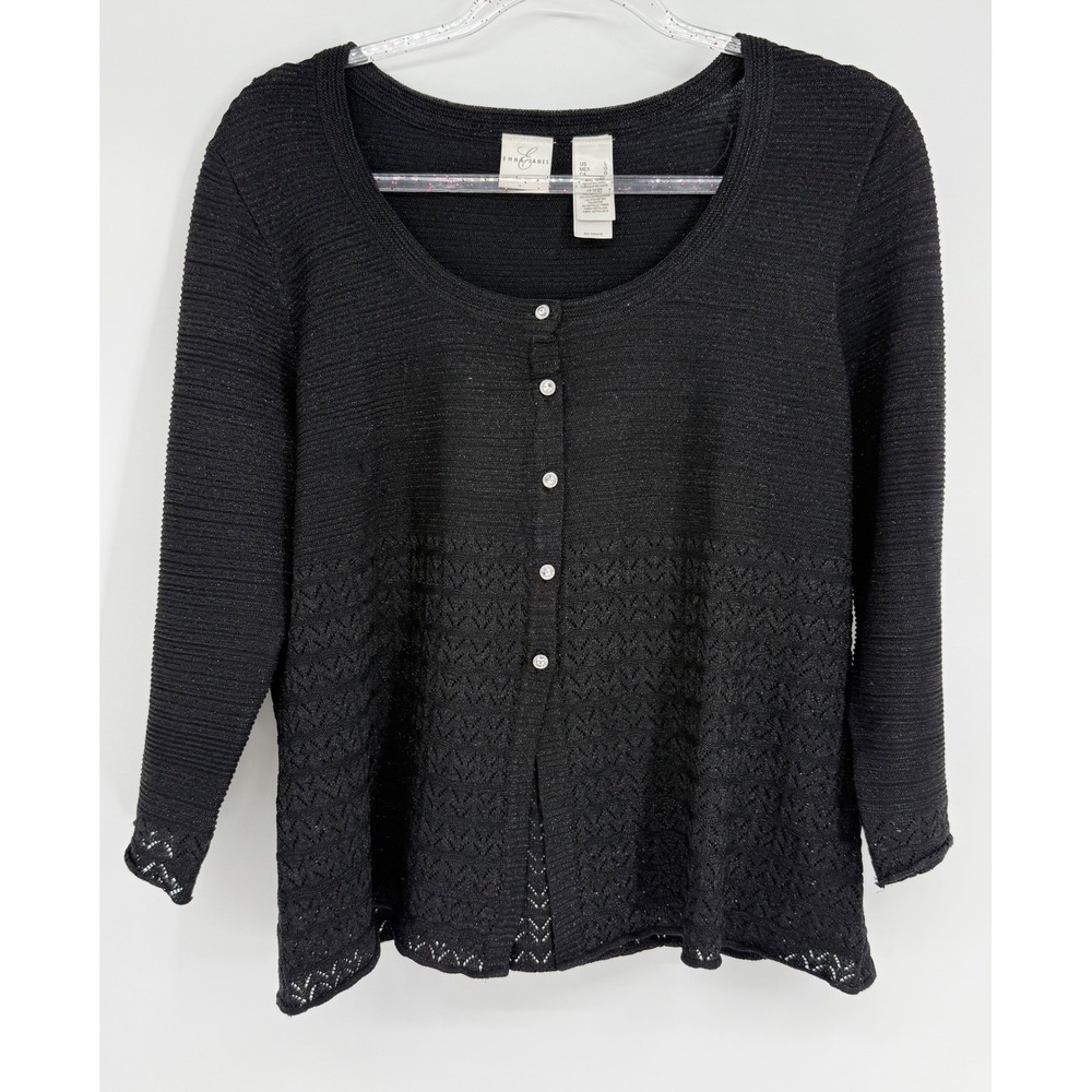 Emma James Black Metallic Pointelle Button Front Cardigan Sweater Large 3/4 Slv